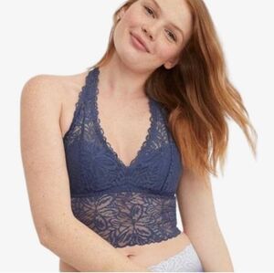 Aerie Firework Lace Halter Bralette Padded Bra Navy‎ Blue Large